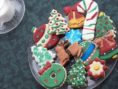 A platter of colorful Christmas-inspired cookies.