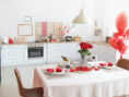 Festive table setting for Valentines Day celebration at home