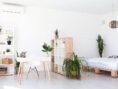 Cozy, sparsely decorated studio apartment with lots of house plants.